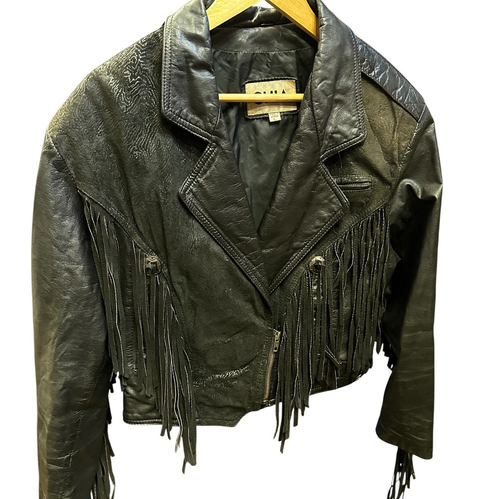 CHIA Vtg Black Suede Embossed Leather Fringed cropped  Motorcycle Jacket Size L
